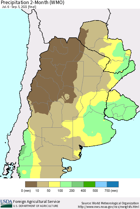 Southern South America Precipitation 2-Month (WMO) Thematic Map For 7/6/2021 - 9/5/2021