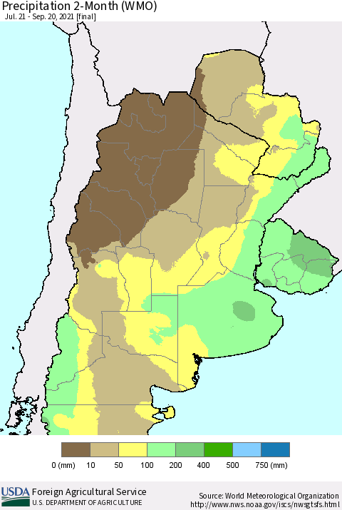 Southern South America Precipitation 2-Month (WMO) Thematic Map For 7/21/2021 - 9/20/2021