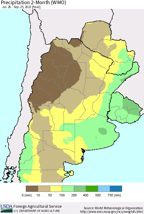 Southern South America Precipitation 2-Month (WMO) Thematic Map For 7/26/2021 - 9/25/2021