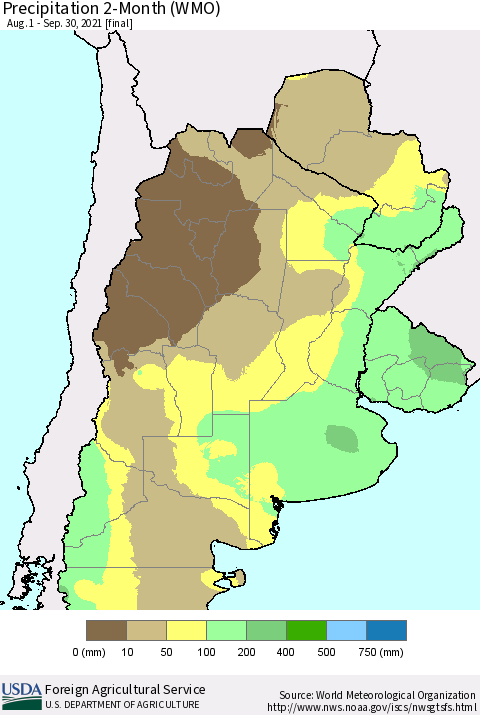 Southern South America Precipitation 2-Month (WMO) Thematic Map For 8/1/2021 - 9/30/2021