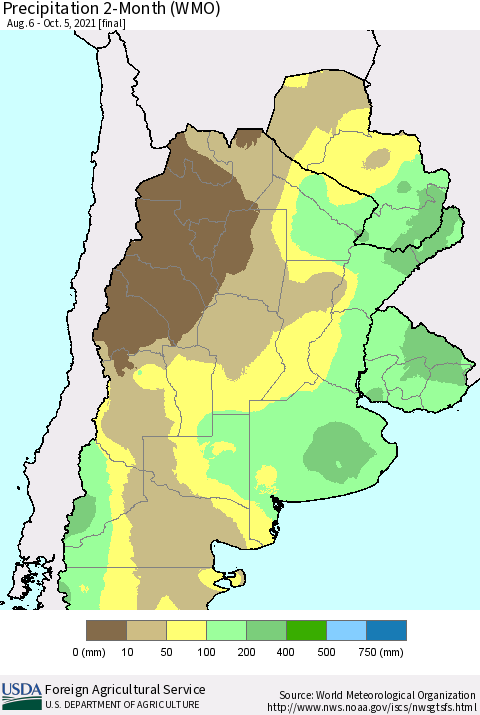 Southern South America Precipitation 2-Month (WMO) Thematic Map For 8/6/2021 - 10/5/2021