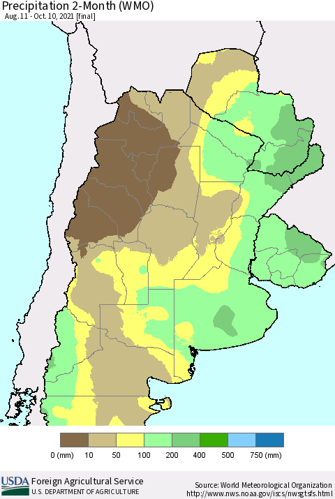 Southern South America Precipitation 2-Month (WMO) Thematic Map For 8/11/2021 - 10/10/2021