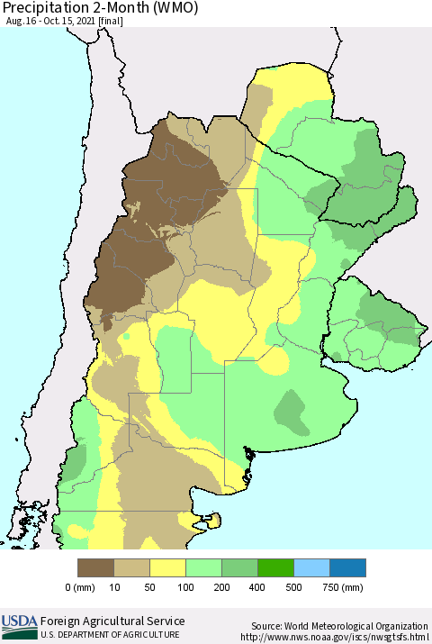 Southern South America Precipitation 2-Month (WMO) Thematic Map For 8/16/2021 - 10/15/2021