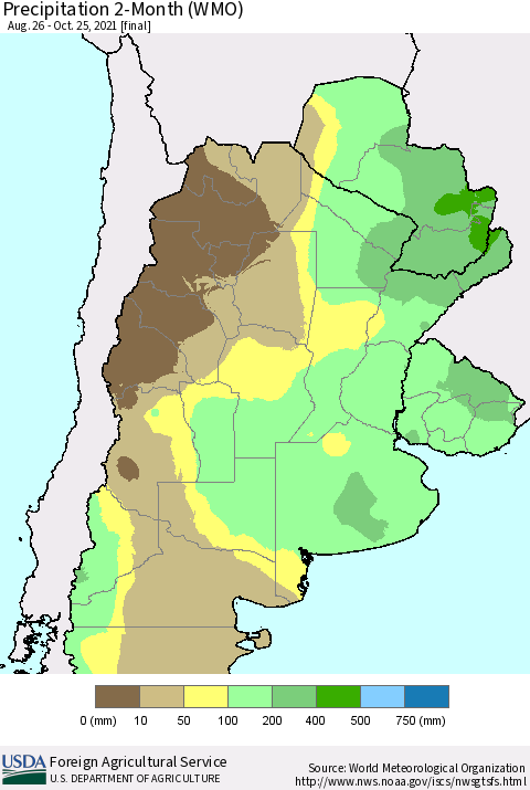 Southern South America Precipitation 2-Month (WMO) Thematic Map For 8/26/2021 - 10/25/2021