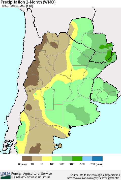 Southern South America Precipitation 2-Month (WMO) Thematic Map For 9/1/2021 - 10/31/2021