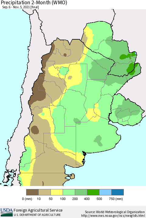 Southern South America Precipitation 2-Month (WMO) Thematic Map For 9/6/2021 - 11/5/2021