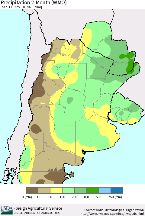 Southern South America Precipitation 2-Month (WMO) Thematic Map For 9/11/2021 - 11/10/2021