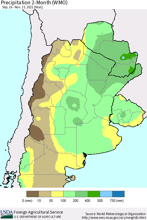 Southern South America Precipitation 2-Month (WMO) Thematic Map For 9/16/2021 - 11/15/2021