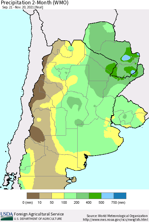 Southern South America Precipitation 2-Month (WMO) Thematic Map For 9/21/2021 - 11/20/2021