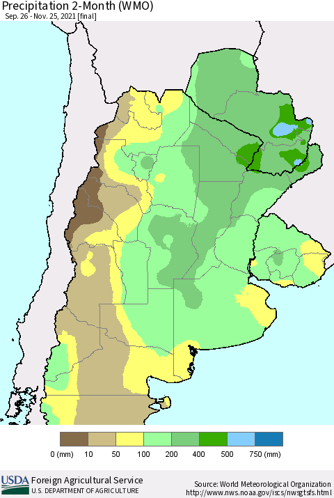 Southern South America Precipitation 2-Month (WMO) Thematic Map For 9/26/2021 - 11/25/2021