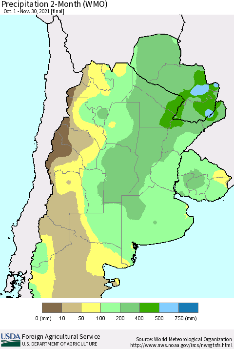 Southern South America Precipitation 2-Month (WMO) Thematic Map For 10/1/2021 - 11/30/2021
