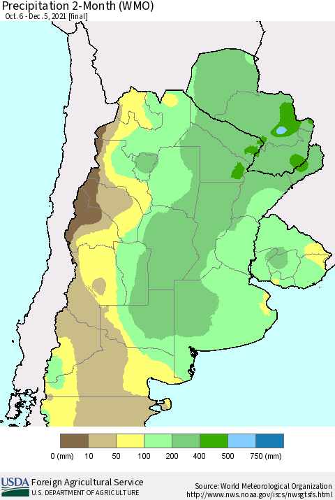 Southern South America Precipitation 2-Month (WMO) Thematic Map For 10/6/2021 - 12/5/2021