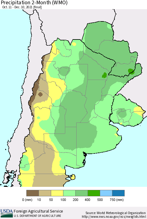 Southern South America Precipitation 2-Month (WMO) Thematic Map For 10/11/2021 - 12/10/2021