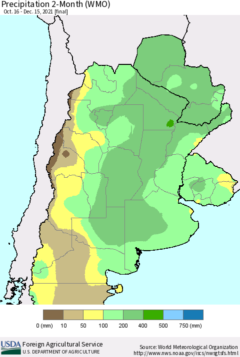 Southern South America Precipitation 2-Month (WMO) Thematic Map For 10/16/2021 - 12/15/2021
