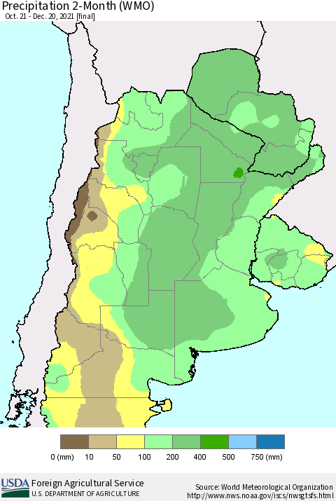 Southern South America Precipitation 2-Month (WMO) Thematic Map For 10/21/2021 - 12/20/2021