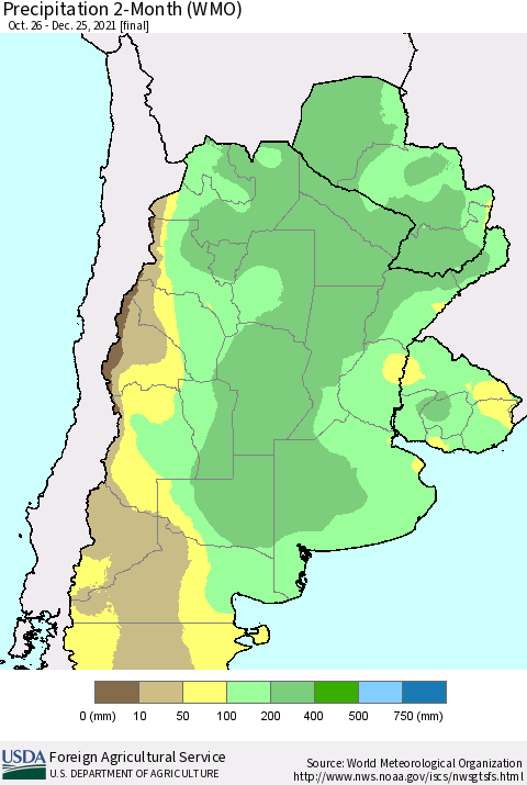 Southern South America Precipitation 2-Month (WMO) Thematic Map For 10/26/2021 - 12/25/2021