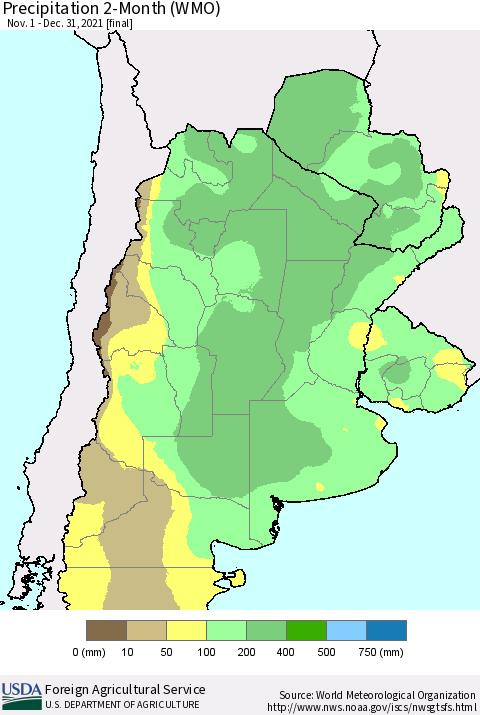 Southern South America Precipitation 2-Month (WMO) Thematic Map For 11/1/2021 - 12/31/2021