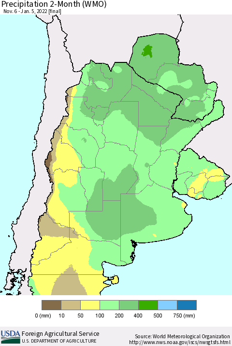 Southern South America Precipitation 2-Month (WMO) Thematic Map For 11/6/2021 - 1/5/2022