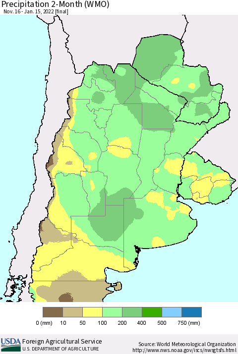 Southern South America Precipitation 2-Month (WMO) Thematic Map For 11/16/2021 - 1/15/2022