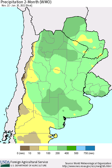 Southern South America Precipitation 2-Month (WMO) Thematic Map For 11/21/2021 - 1/20/2022