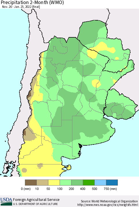 Southern South America Precipitation 2-Month (WMO) Thematic Map For 11/26/2021 - 1/25/2022