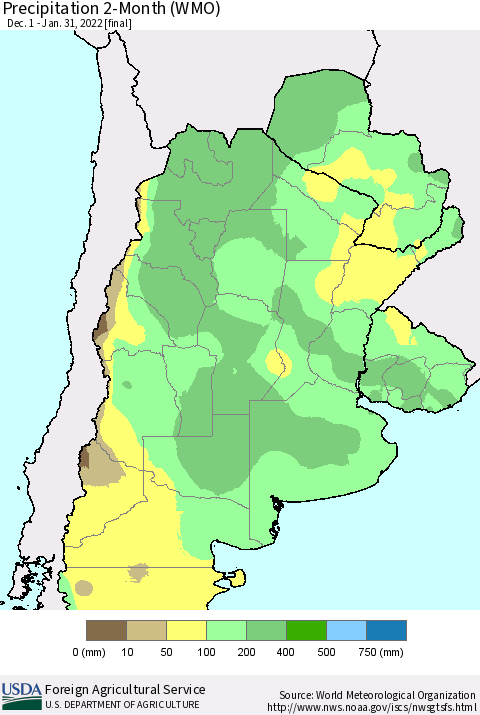 Southern South America Precipitation 2-Month (WMO) Thematic Map For 12/1/2021 - 1/31/2022