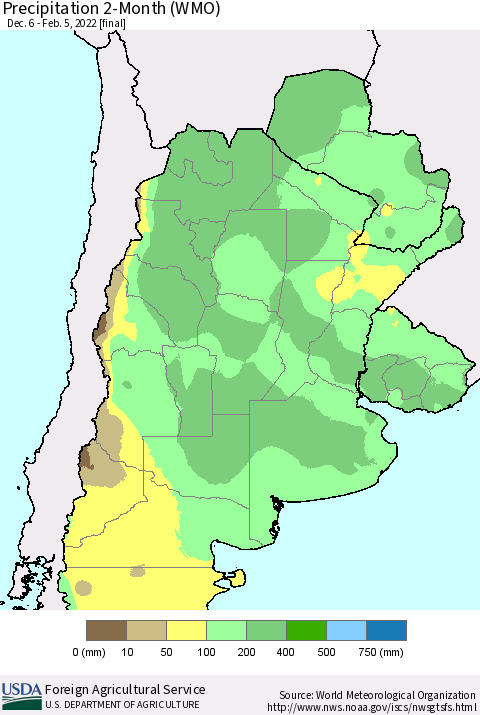 Southern South America Precipitation 2-Month (WMO) Thematic Map For 12/6/2021 - 2/5/2022