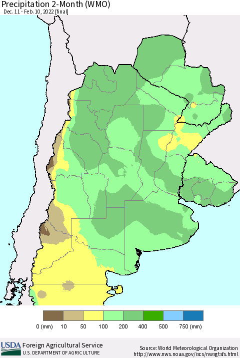 Southern South America Precipitation 2-Month (WMO) Thematic Map For 12/11/2021 - 2/10/2022