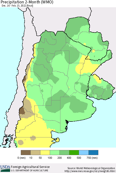 Southern South America Precipitation 2-Month (WMO) Thematic Map For 12/16/2021 - 2/15/2022