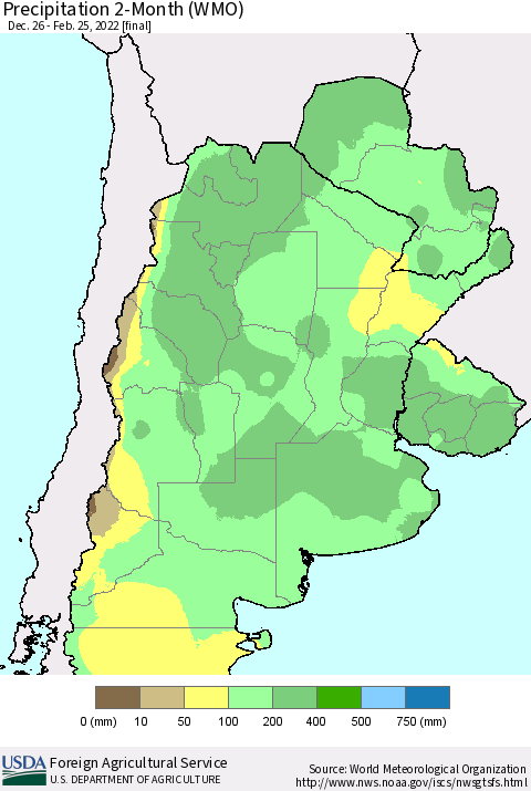 Southern South America Precipitation 2-Month (WMO) Thematic Map For 12/26/2021 - 2/25/2022