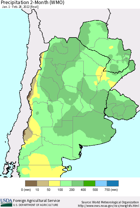 Southern South America Precipitation 2-Month (WMO) Thematic Map For 1/1/2022 - 2/28/2022