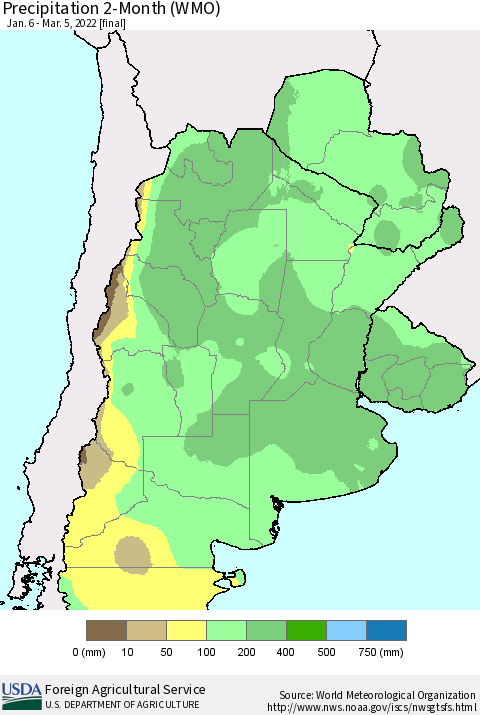 Southern South America Precipitation 2-Month (WMO) Thematic Map For 1/6/2022 - 3/5/2022