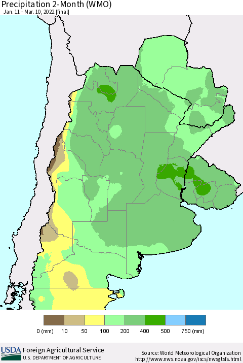 Southern South America Precipitation 2-Month (WMO) Thematic Map For 1/11/2022 - 3/10/2022