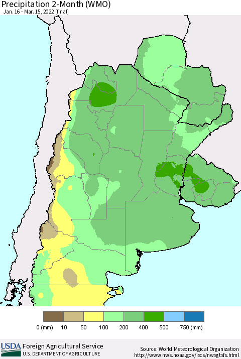 Southern South America Precipitation 2-Month (WMO) Thematic Map For 1/16/2022 - 3/15/2022