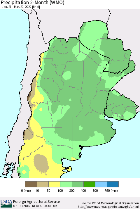 Southern South America Precipitation 2-Month (WMO) Thematic Map For 1/21/2022 - 3/20/2022