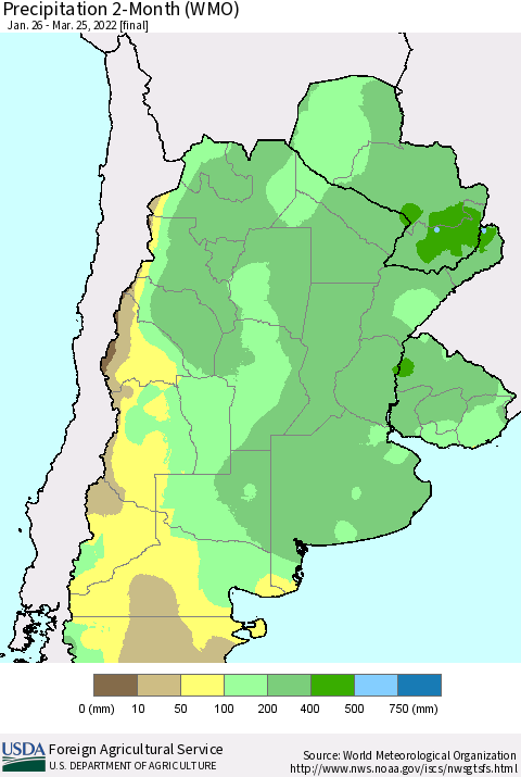 Southern South America Precipitation 2-Month (WMO) Thematic Map For 1/26/2022 - 3/25/2022