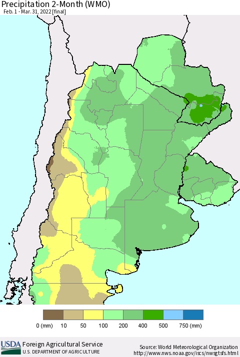 Southern South America Precipitation 2-Month (WMO) Thematic Map For 2/1/2022 - 3/31/2022