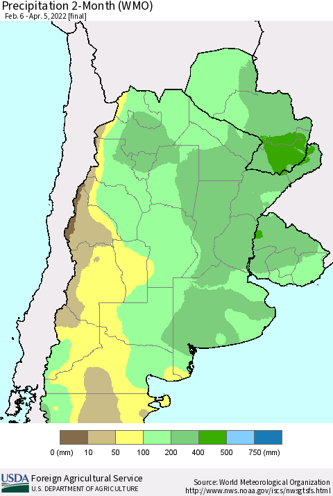 Southern South America Precipitation 2-Month (WMO) Thematic Map For 2/6/2022 - 4/5/2022