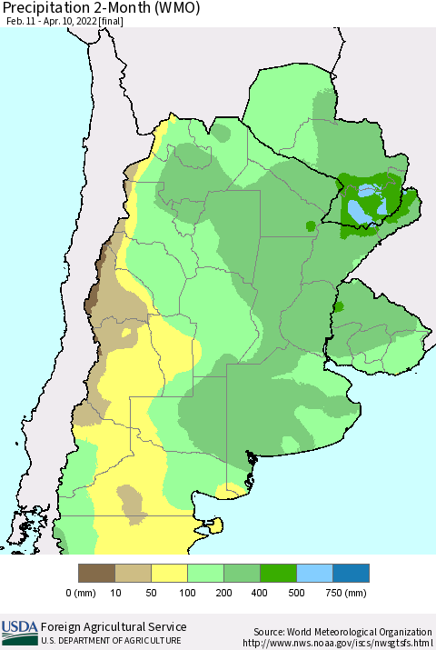 Southern South America Precipitation 2-Month (WMO) Thematic Map For 2/11/2022 - 4/10/2022