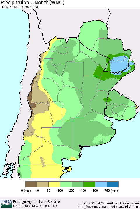 Southern South America Precipitation 2-Month (WMO) Thematic Map For 2/16/2022 - 4/15/2022