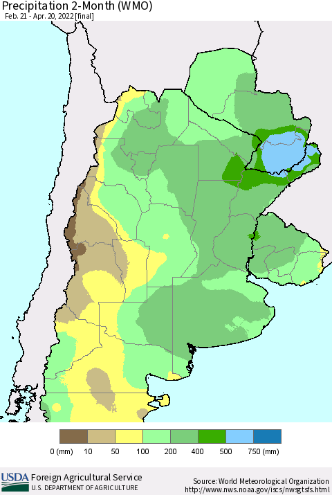 Southern South America Precipitation 2-Month (WMO) Thematic Map For 2/21/2022 - 4/20/2022