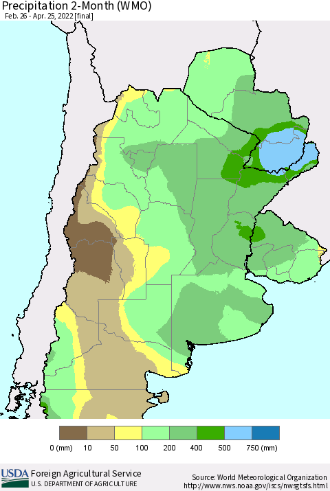 Southern South America Precipitation 2-Month (WMO) Thematic Map For 2/26/2022 - 4/25/2022