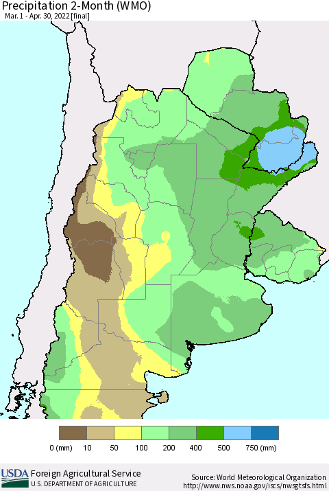 Southern South America Precipitation 2-Month (WMO) Thematic Map For 3/1/2022 - 4/30/2022