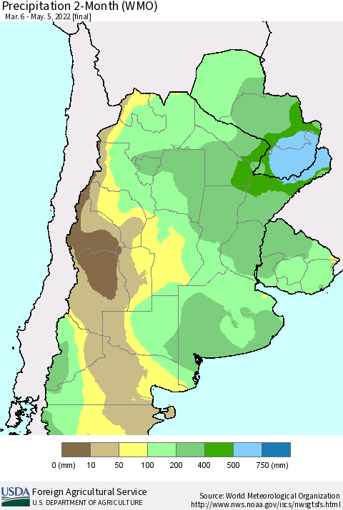Southern South America Precipitation 2-Month (WMO) Thematic Map For 3/6/2022 - 5/5/2022