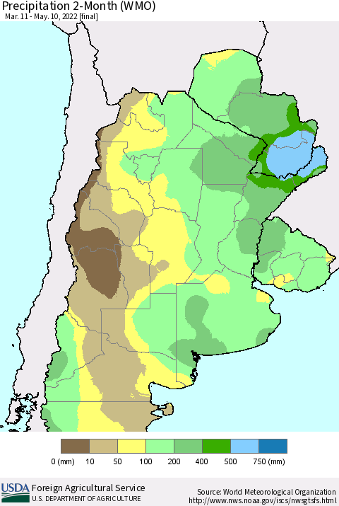Southern South America Precipitation 2-Month (WMO) Thematic Map For 3/11/2022 - 5/10/2022