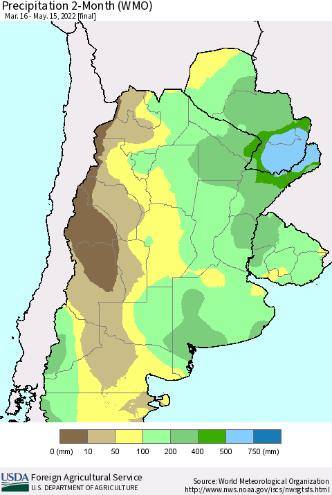 Southern South America Precipitation 2-Month (WMO) Thematic Map For 3/16/2022 - 5/15/2022