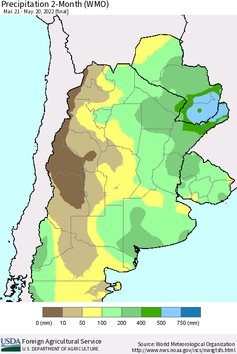 Southern South America Precipitation 2-Month (WMO) Thematic Map For 3/21/2022 - 5/20/2022