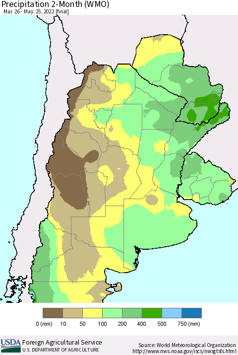 Southern South America Precipitation 2-Month (WMO) Thematic Map For 3/26/2022 - 5/25/2022