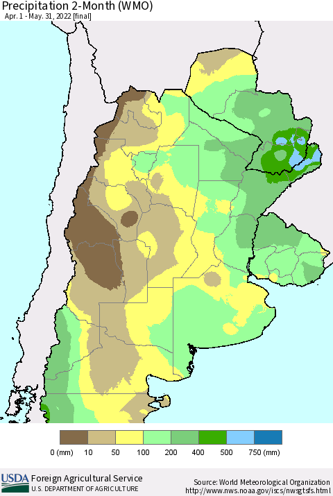Southern South America Precipitation 2-Month (WMO) Thematic Map For 4/1/2022 - 5/31/2022