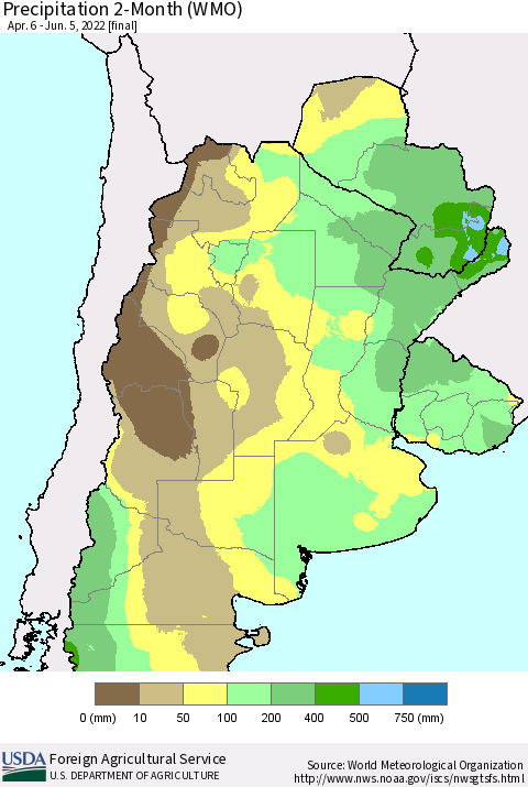 Southern South America Precipitation 2-Month (WMO) Thematic Map For 4/6/2022 - 6/5/2022